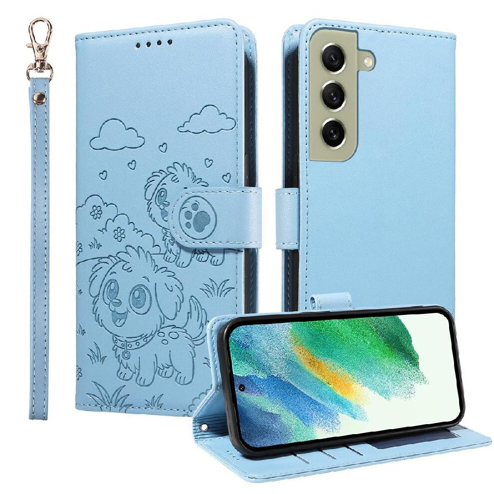 (Blue) Case For Samsung Galaxy S21 Fe Dog Embossed Leather Pocket Wrist Strap Card Slot Holders Blue 764563067367
