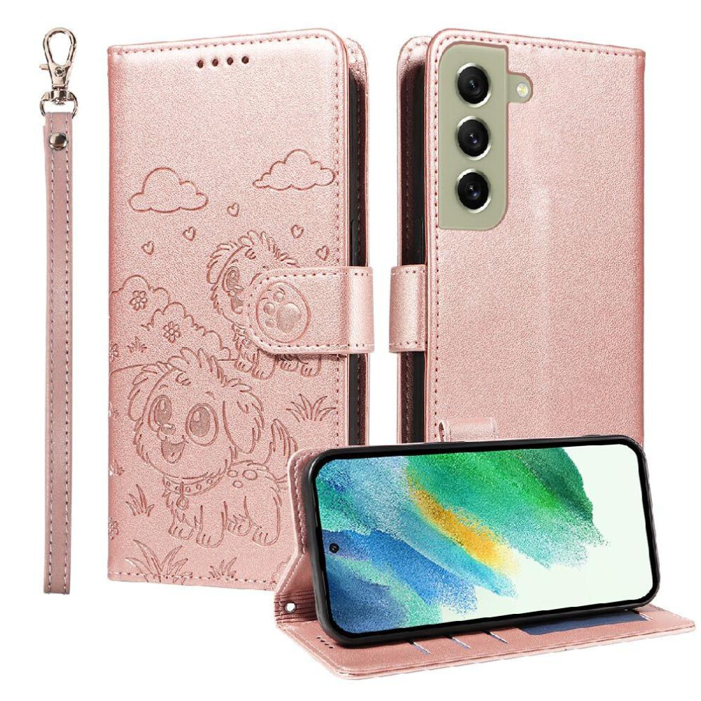 (Pink) Case For Samsung Galaxy S21 Fe Dog Embossed Leather Pocket Wrist Strap Card Slot Holders Pink 764563067350