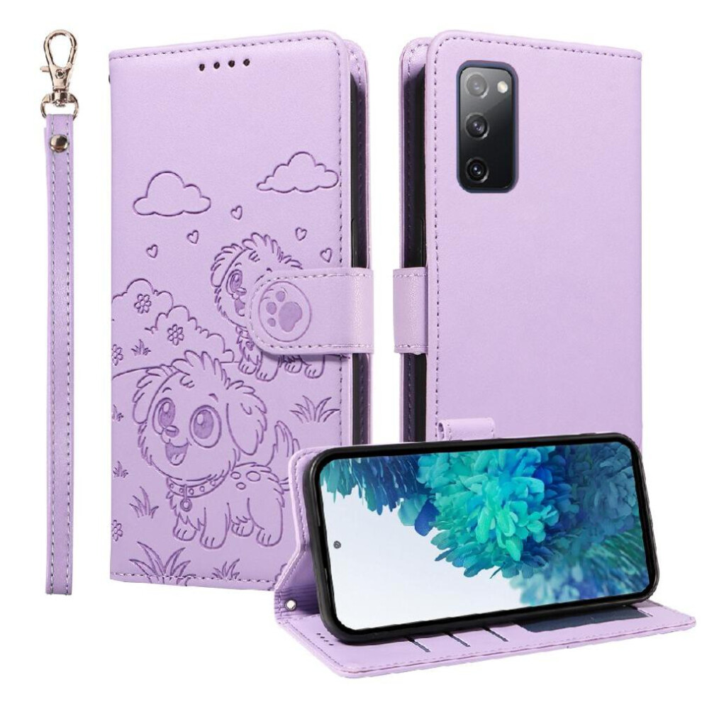 (Purple) Case For Samsung Galaxy S20 Fe Wrist Strap Pocket Dog Embossed Leather Card Slot Holders Purple 764563067398