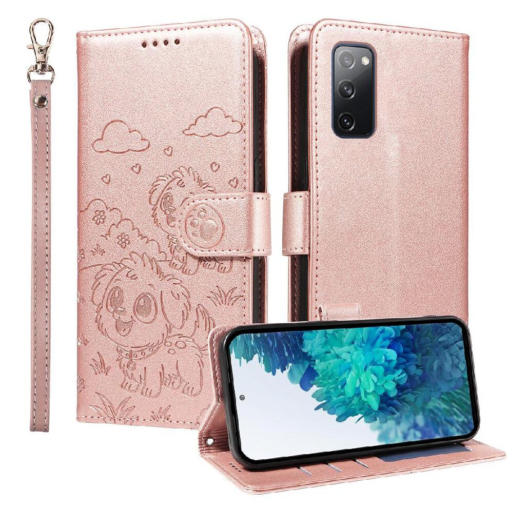 (Pink) Case For Samsung Galaxy S20 Fe Wrist Strap Pocket Dog Embossed Leather Card Slot Holders Pink 764563067404