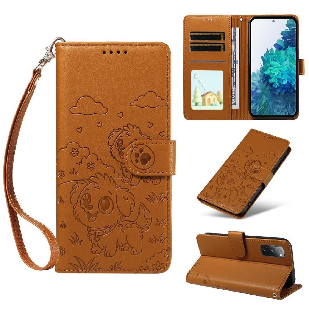 (Brown) Case For Samsung Galaxy S20 Fe Wrist Strap Pocket Dog Embossed Leather Card Slot Holders Brown 764563067428