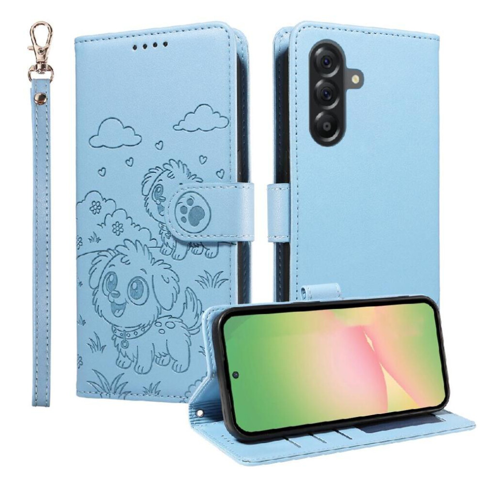 (Blue) Case For Samsung Galaxy A56 5G Dog Embossed Leather Card Slot Holders Pocket Wrist Strap Blue 764563067695