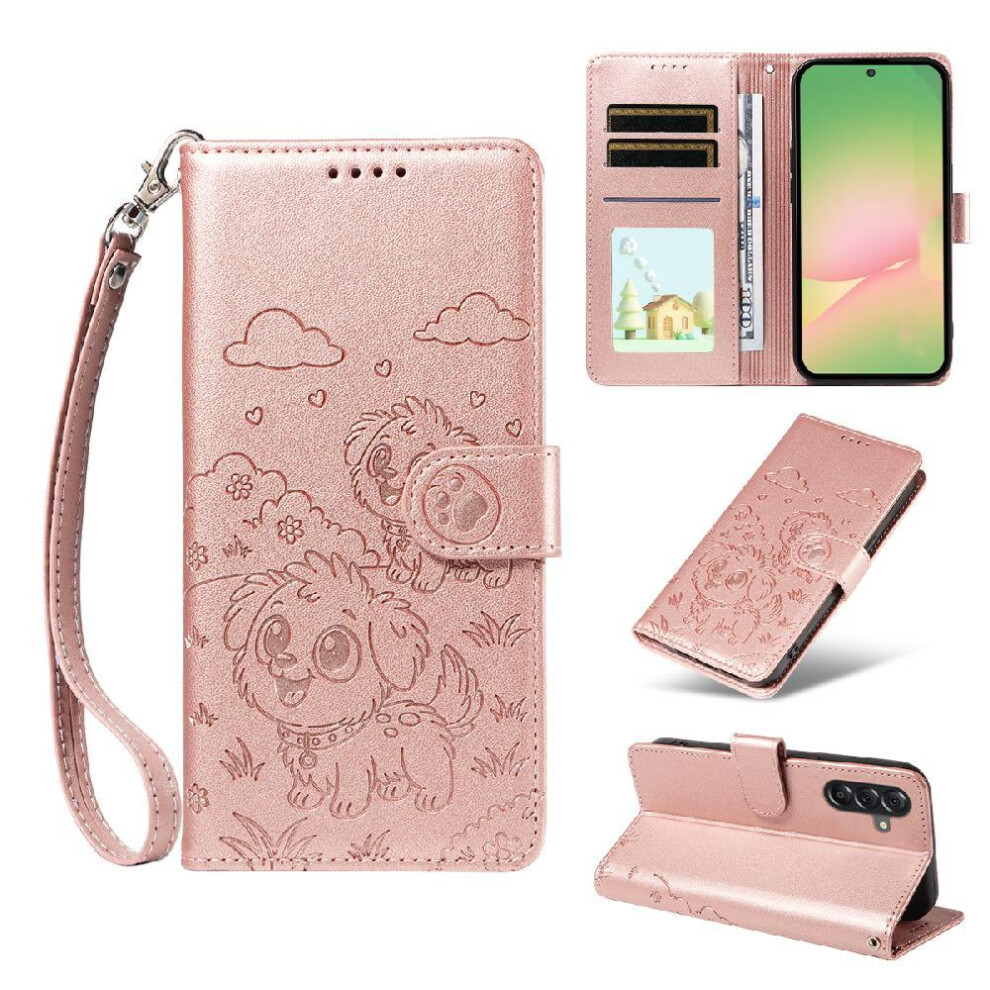(Pink) Case For Samsung Galaxy A56 5G Dog Embossed Leather Card Slot Holders Pocket Wrist Strap Pink 764563067688