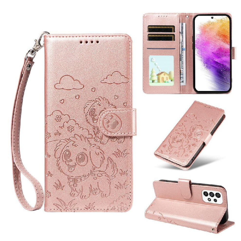 (Pink) Case For Samsung Galaxy A73 5G Leather Pocket Card Slot Holders Dog Embossed Wrist Strap Pink 764563067510
