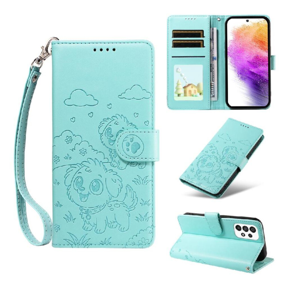 (Green) Case For Samsung Galaxy A73 5G Leather Pocket Card Slot Holders Dog Embossed Wrist Strap Green 764563067497