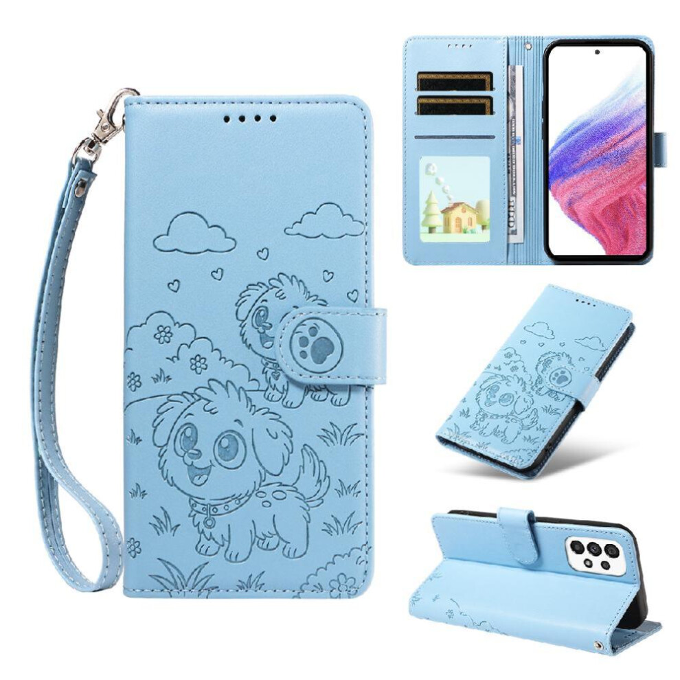 (Blue) Case For Samsung Galaxy A53 5G Dog Embossed Wrist Strap Card Slot Holders Leather Pocket Blue 764563067909