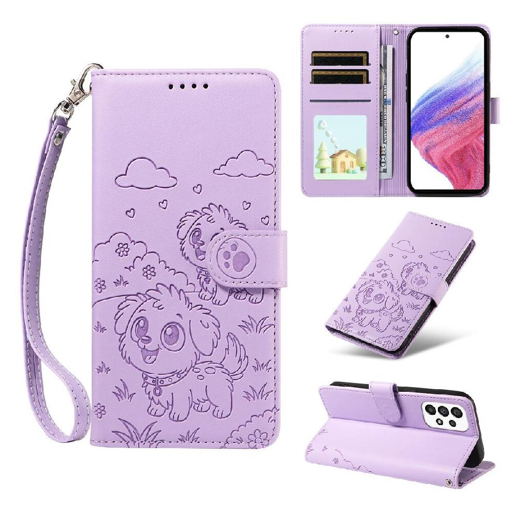 (Purple) Case For Samsung Galaxy A53 5G Dog Embossed Wrist Strap Card Slot Holders Leather Pocket Purple 764563067886