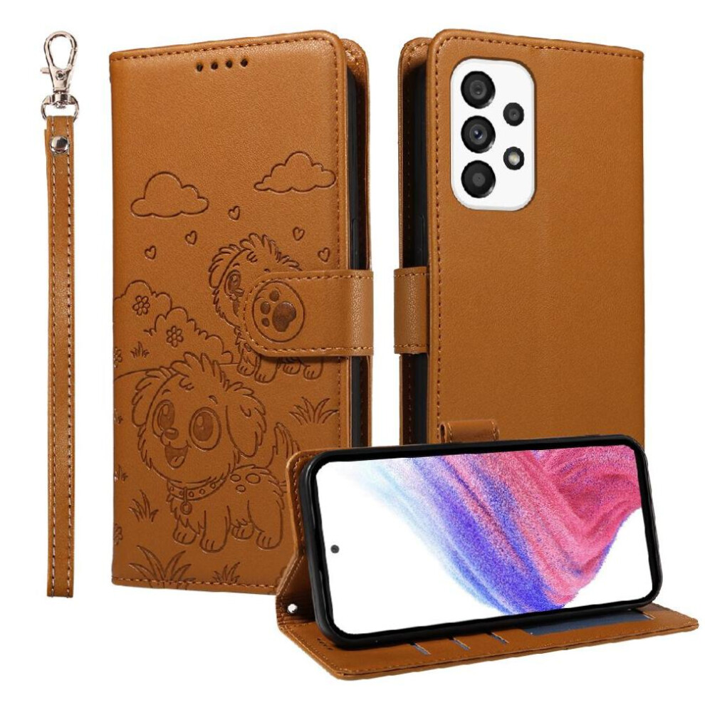 (Brown) Case For Samsung Galaxy A53 5G Dog Embossed Wrist Strap Card Slot Holders Leather Pocket Brown 764563067916