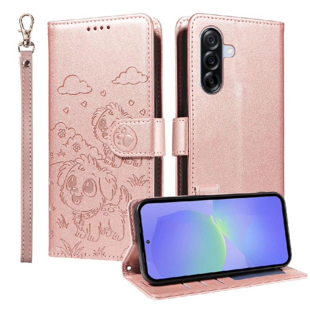 (Pink) Case For Samsung Galaxy A36 5G Dog Embossed Leather Pocket Wrist Strap Card Slot Holders Pink 764563070046