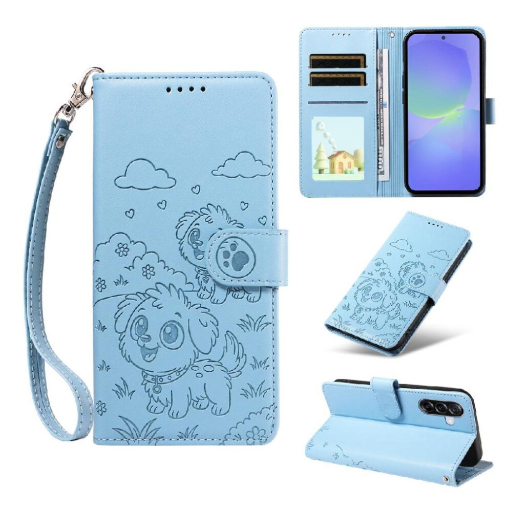 (Blue) Case For Samsung Galaxy A36 5G Dog Embossed Leather Pocket Wrist Strap Card Slot Holders Blue 764563070053