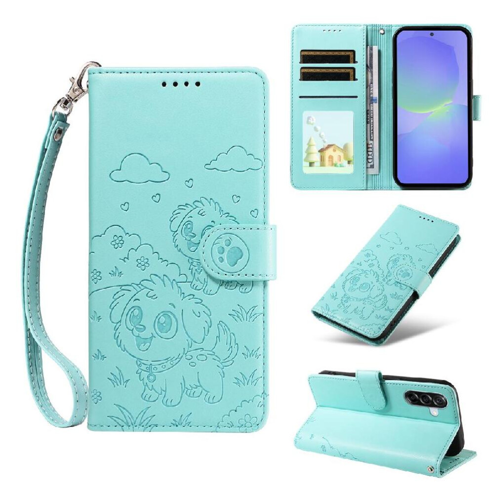 (Green) Case For Samsung Galaxy A36 5G Dog Embossed Leather Pocket Wrist Strap Card Slot Holders Green 764563070022