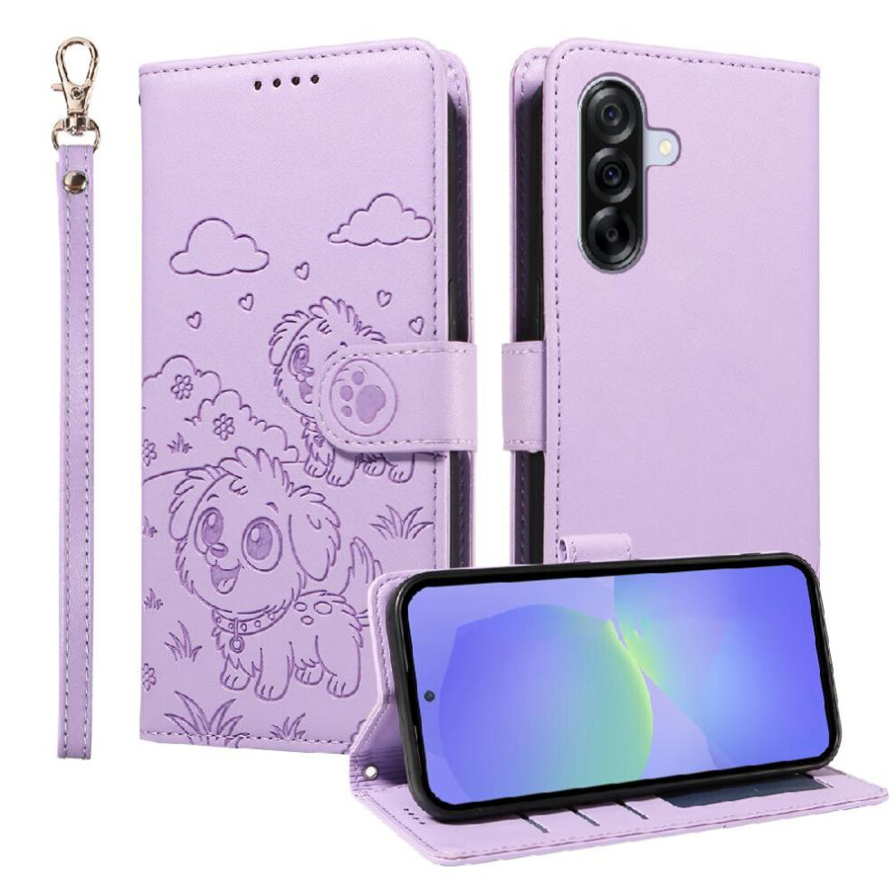 (Purple) Case For Samsung Galaxy A36 5G Dog Embossed Leather Pocket Wrist Strap Card Slot Holders Purple 764563070039