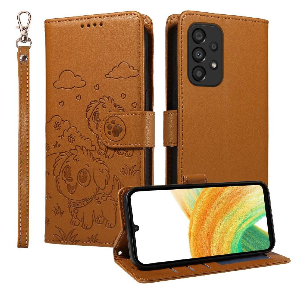 (Brown) Case For Samsung Galaxy A33 5G Pocket Wrist Strap Dog Embossed Card Slot Holders Leather Brown 764563070213