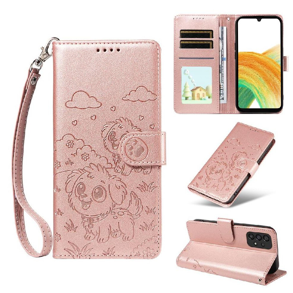 (Pink) Case For Samsung Galaxy A33 5G Pocket Wrist Strap Dog Embossed Card Slot Holders Leather Pink 764563070190