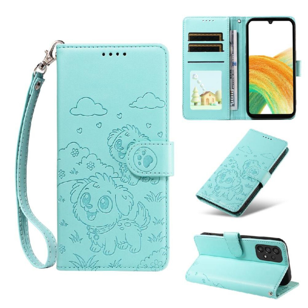 (Green) Case For Samsung Galaxy A33 5G Pocket Wrist Strap Dog Embossed Card Slot Holders Leather Green 764563070176