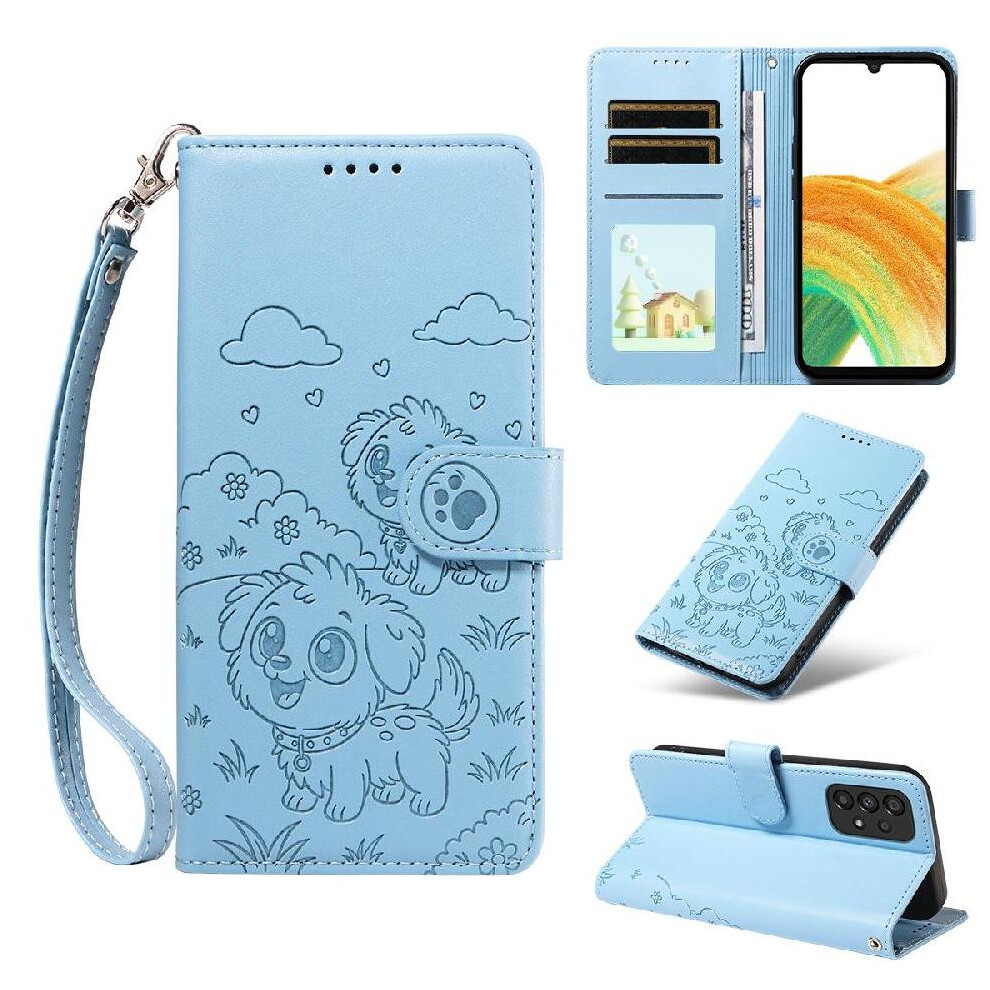 (Blue) Case For Samsung Galaxy A33 5G Pocket Wrist Strap Dog Embossed Card Slot Holders Leather Blue 764563070206