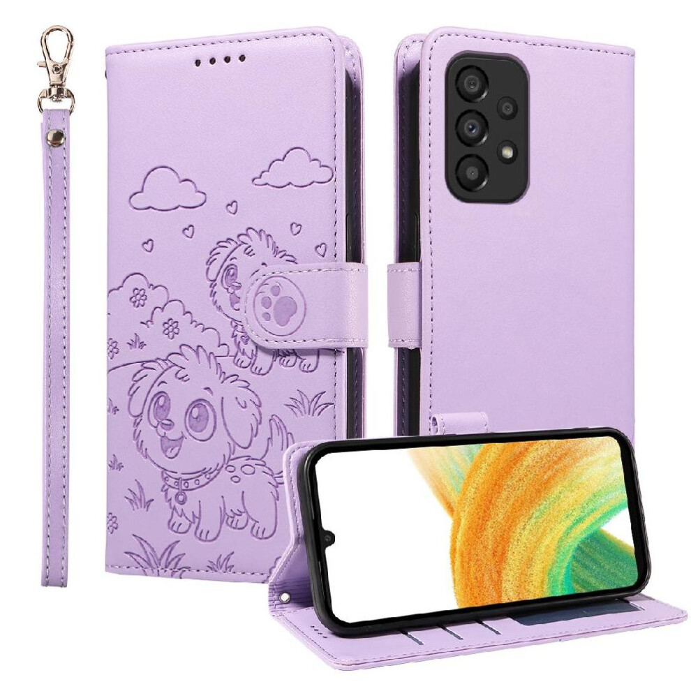 (Purple) Case For Samsung Galaxy A33 5G Pocket Wrist Strap Dog Embossed Card Slot Holders Leather Purple 764563070183