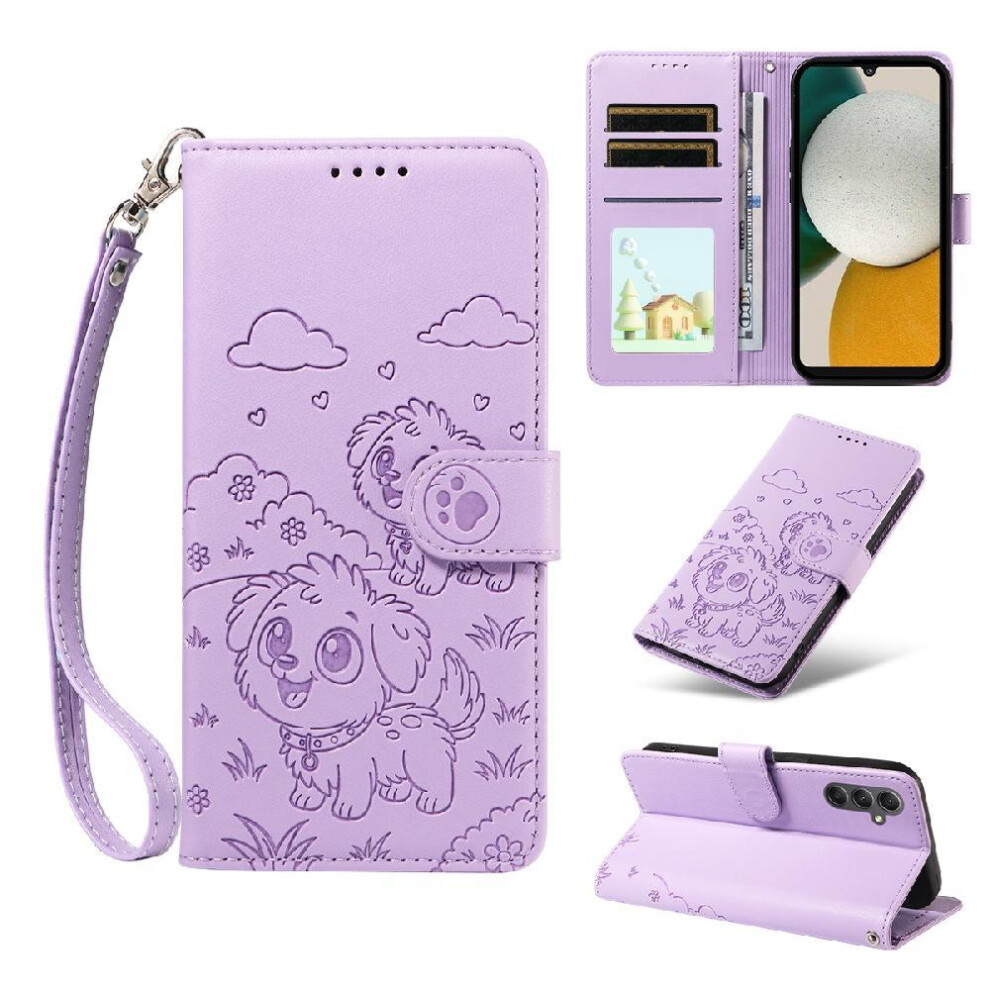 (Purple) Case For Samsung Galaxy A34 5G Wrist Strap Dog Embossed Leather Pocket Card Slot Holders Purple 764563070138