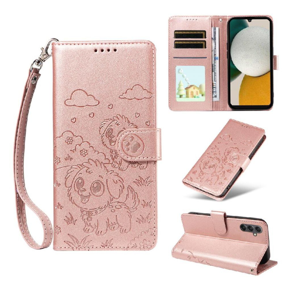 (Pink) Case For Samsung Galaxy A34 5G Wrist Strap Dog Embossed Leather Pocket Card Slot Holders Pink 764563070145