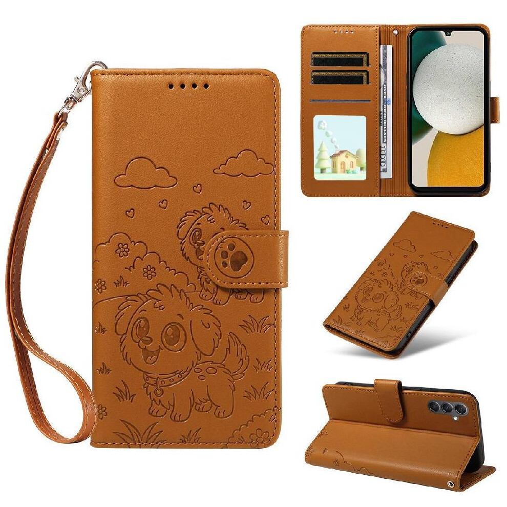 (Brown) Case For Samsung Galaxy A34 5G Wrist Strap Dog Embossed Leather Pocket Card Slot Holders Brown 764563070169