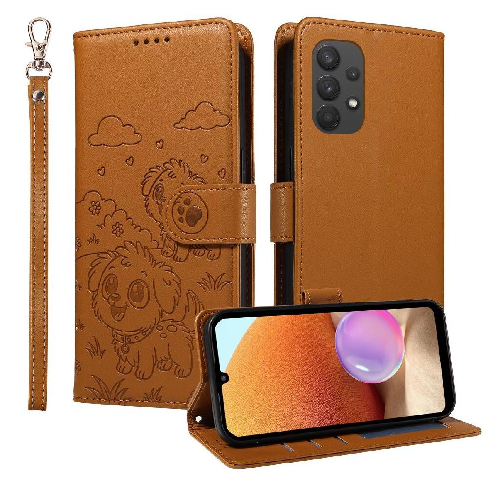 (Brown) Case For Samsung Galaxy M32 5G Card Slot Holders Leather Pocket Wrist Strap Dog Embossed Brown 764563070268