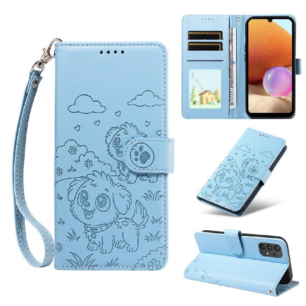 (Blue) Case For Samsung Galaxy M32 5G Card Slot Holders Leather Pocket Wrist Strap Dog Embossed Blue 764563070251