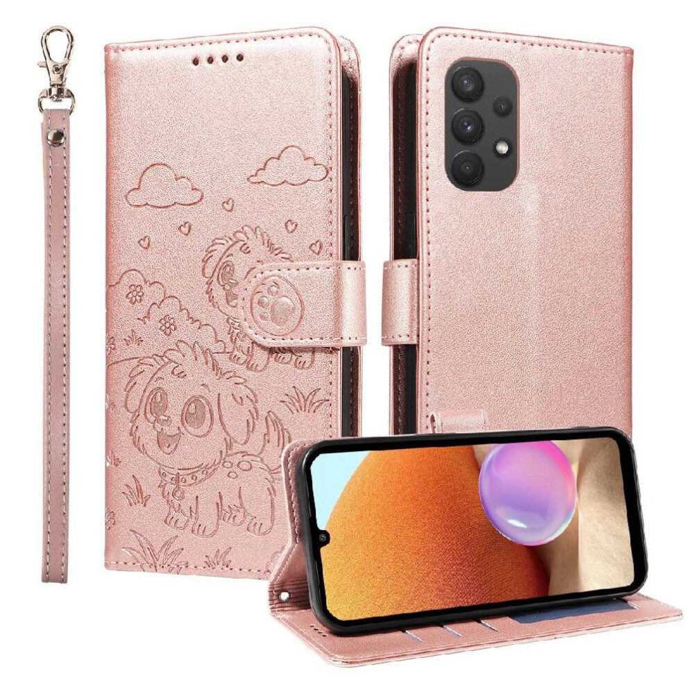 (Pink) Case For Samsung Galaxy M32 5G Card Slot Holders Leather Pocket Wrist Strap Dog Embossed Pink 764563070244