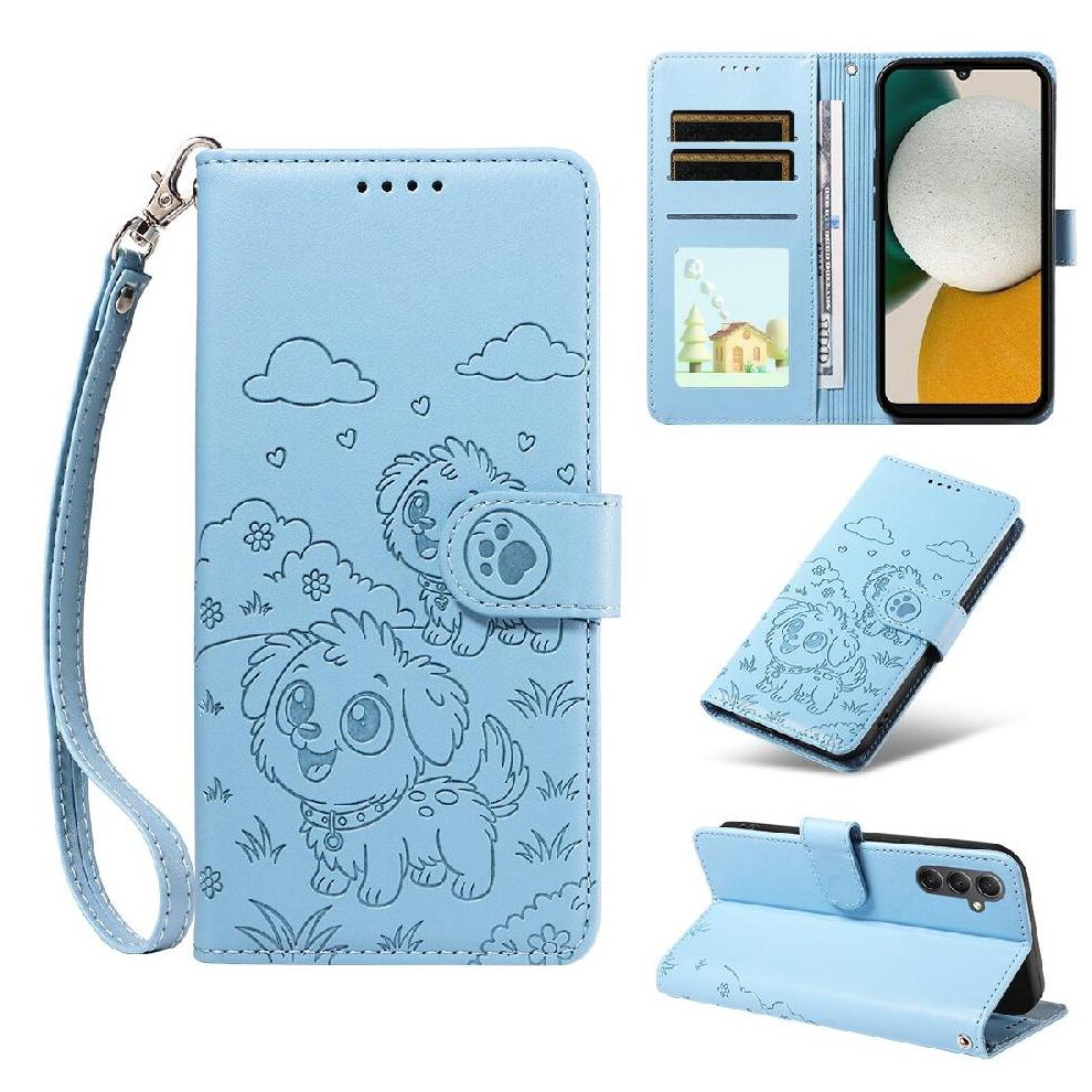 (Blue) Case For Samsung Galaxy A34 5G Wrist Strap Dog Embossed Leather Pocket Card Slot Holders Blue 764563070152