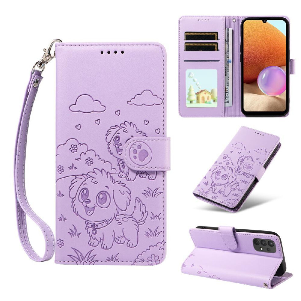 (Purple) Case For Samsung Galaxy A32 5G Card Slot Holders Dog Embossed Pocket Wrist Strap Leather Purple 764563070282