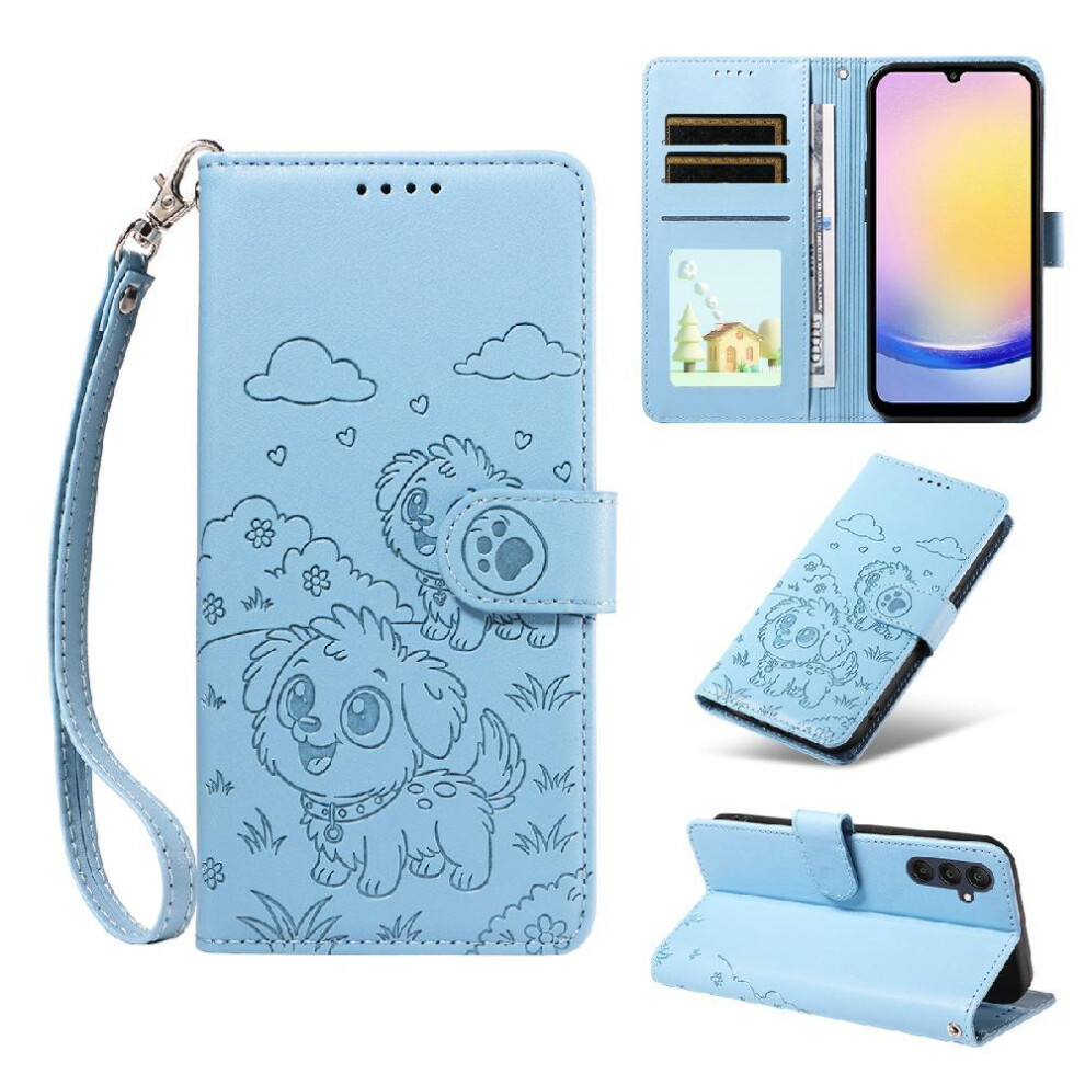 (Blue) Case For Samsung Galaxy A25 5G Leather Card Slot Holders Pocket Dog Embossed Wrist Strap Blue 764563070398