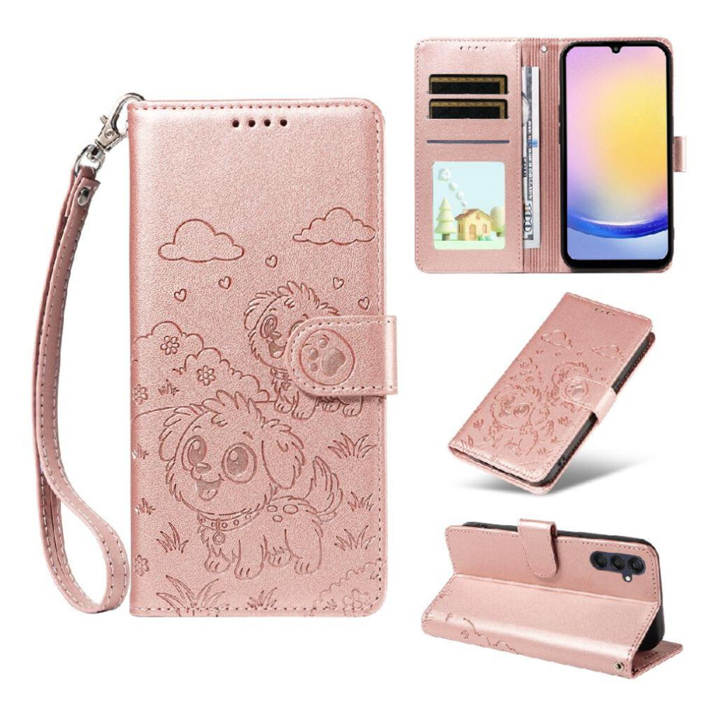(Pink) Case For Samsung Galaxy A25 5G Leather Card Slot Holders Pocket Dog Embossed Wrist Strap Pink 764563070381
