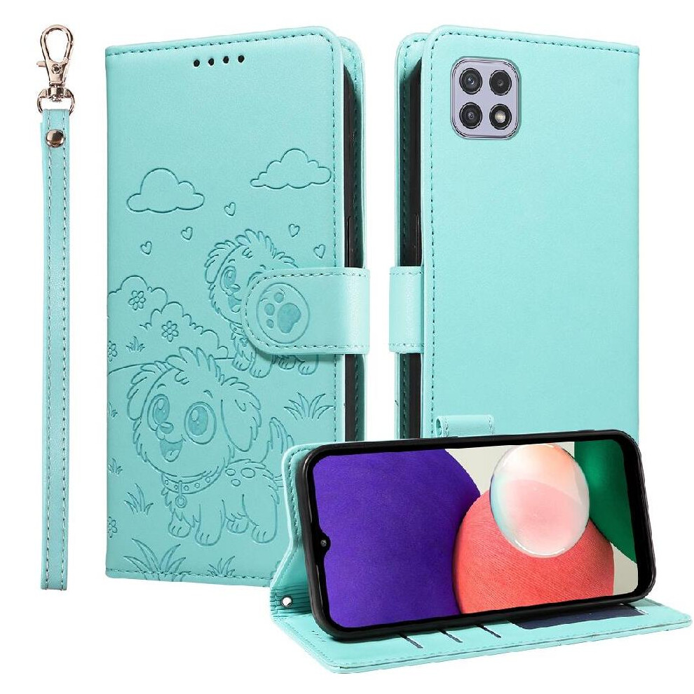 (Green) Case For Samsung Galaxy A22 5G Pocket Card Slot Holders Wrist Strap Dog Embossed Leather Green 764563070633