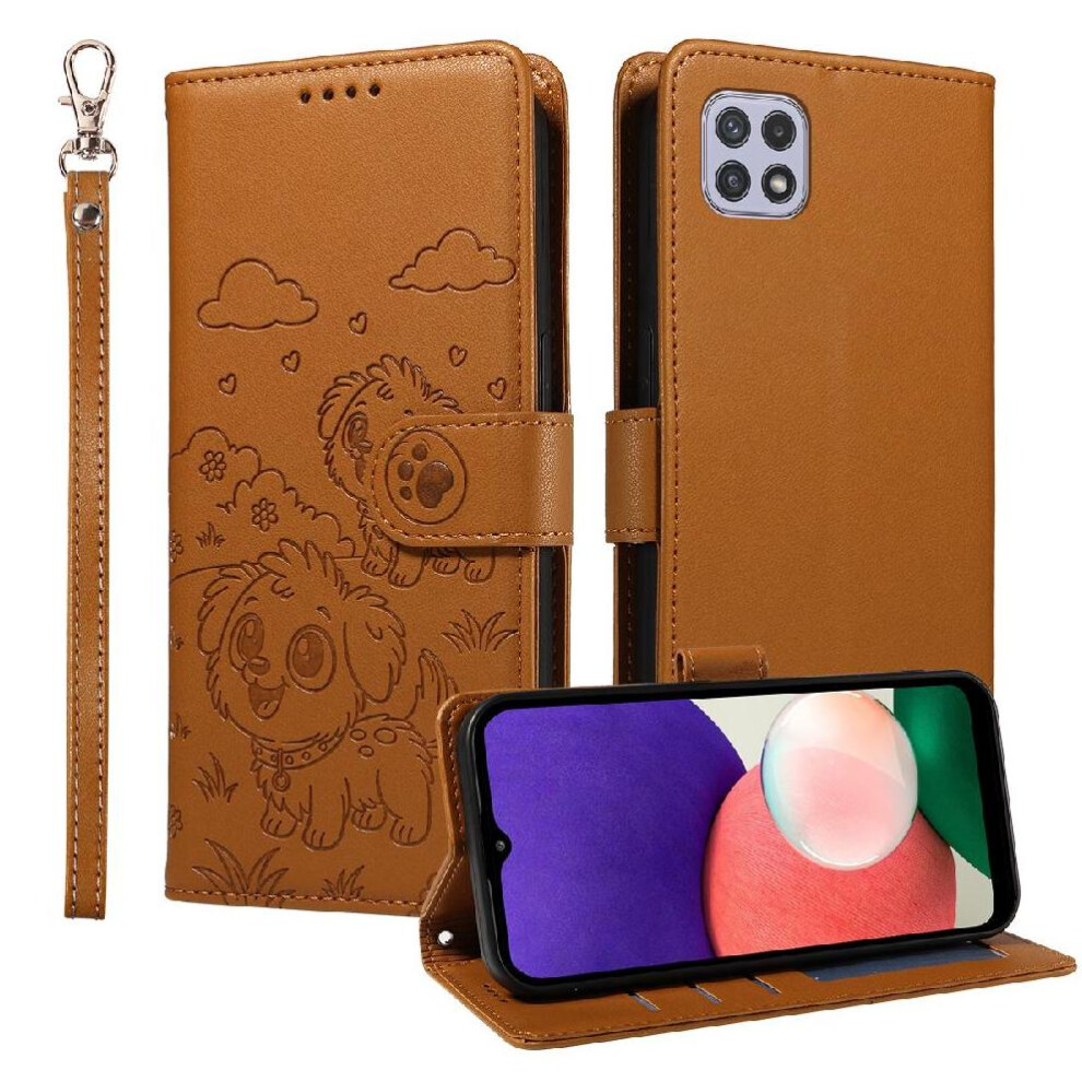 (Brown) Case For Samsung Galaxy A22 5G Pocket Card Slot Holders Wrist Strap Dog Embossed Leather Brown 764563070671