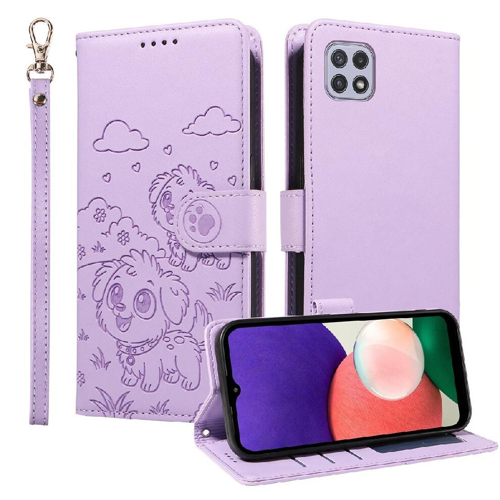 (Purple) Case For Samsung Galaxy A22 5G Pocket Card Slot Holders Wrist Strap Dog Embossed Leather Purple 764563070640