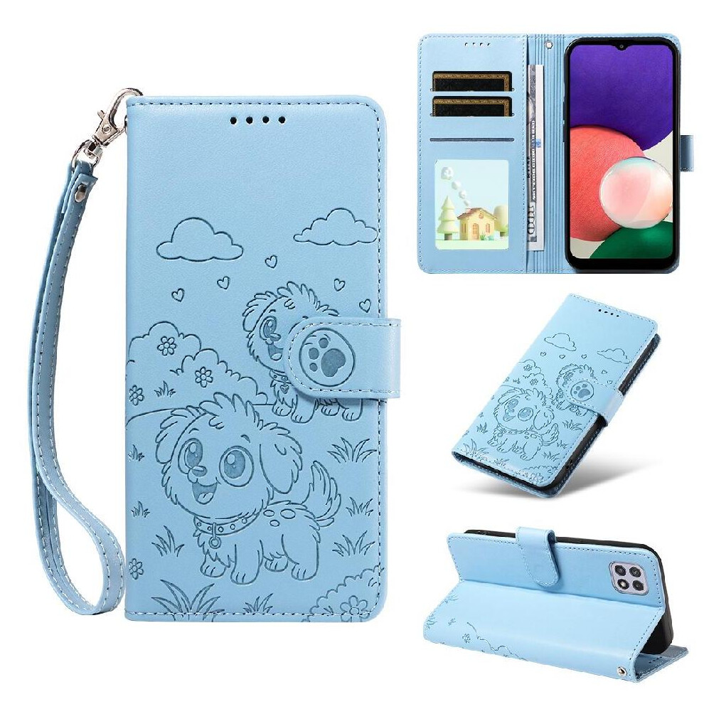 (Blue) Case For Samsung Galaxy A22 5G Pocket Card Slot Holders Wrist Strap Dog Embossed Leather Blue 764563070664