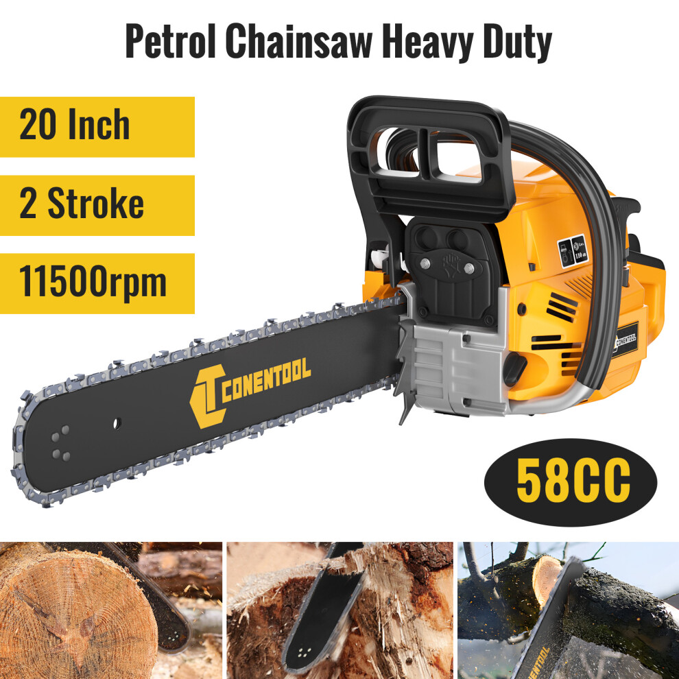58cc Petrol Chainsaw 20" Bar 50cm Cut 2-Stroke Easy-Starting Wood Saw