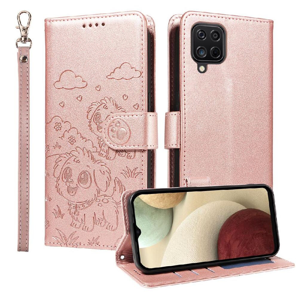 (Pink) Case For Samsung Galaxy M32 4G Dog Embossed Wrist Strap Pocket Leather Card Slot Holders Pink 764563070787