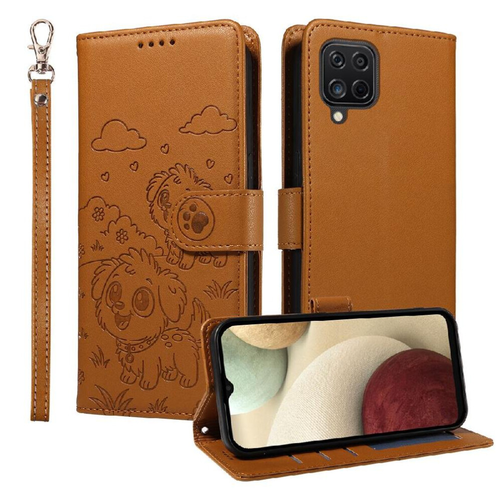 (Brown) Case For Samsung Galaxy M32 4G Dog Embossed Wrist Strap Pocket Leather Card Slot Holders Brown 764563070800