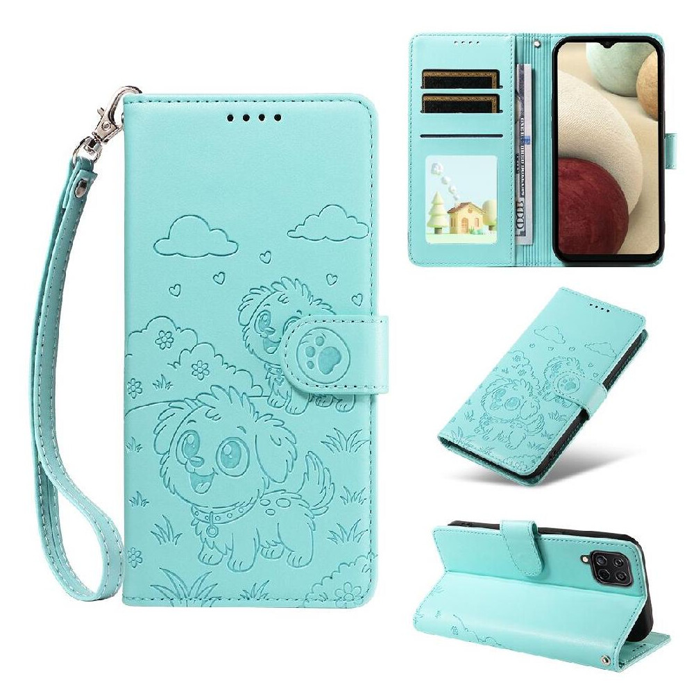 (Green) Case For Samsung Galaxy M32 4G Dog Embossed Wrist Strap Pocket Leather Card Slot Holders Green 764563070763