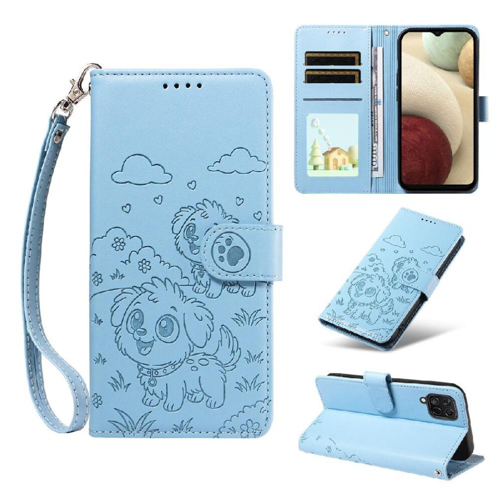 (Blue) Case For Samsung Galaxy M32 4G Dog Embossed Wrist Strap Pocket Leather Card Slot Holders Blue 764563070794