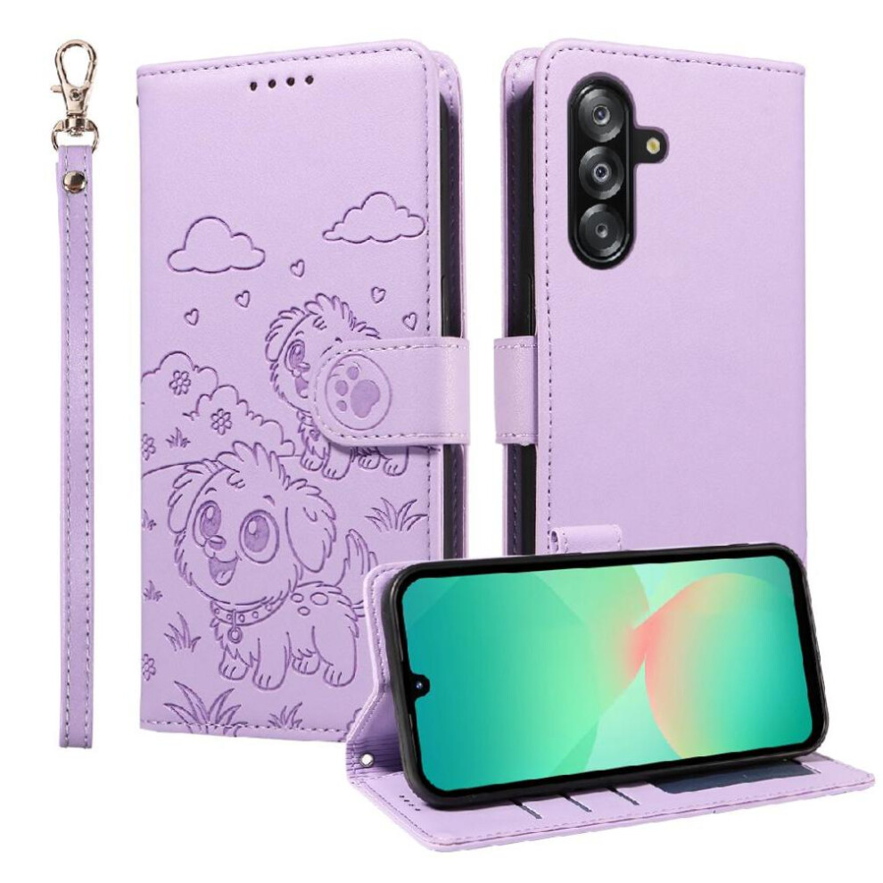 (Purple) Case For Samsung Galaxy A26 5G Pocket Wrist Strap Leather Dog Embossed Card Slot Holders Purple 764563070824
