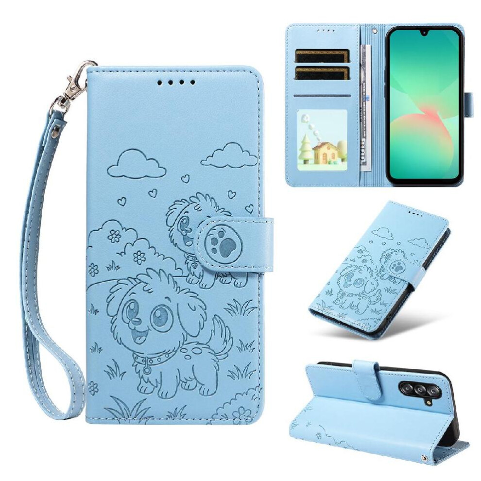 (Blue) Case For Samsung Galaxy A26 5G Pocket Wrist Strap Leather Dog Embossed Card Slot Holders Blue 764563070848