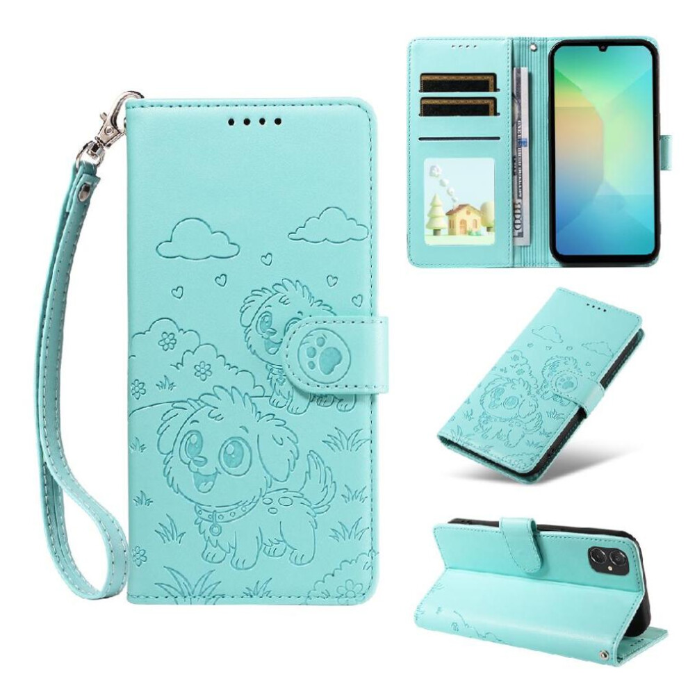 (Green) Case For Samsung Galaxy M06 5G Card Slot Holders Dog Embossed Wrist Strap Pocket Leather Green 764563071340