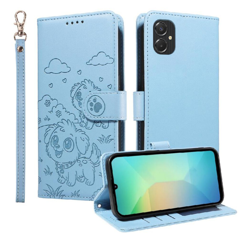 (Blue) Case For Samsung Galaxy M06 5G Card Slot Holders Dog Embossed Wrist Strap Pocket Leather Blue 764563071371