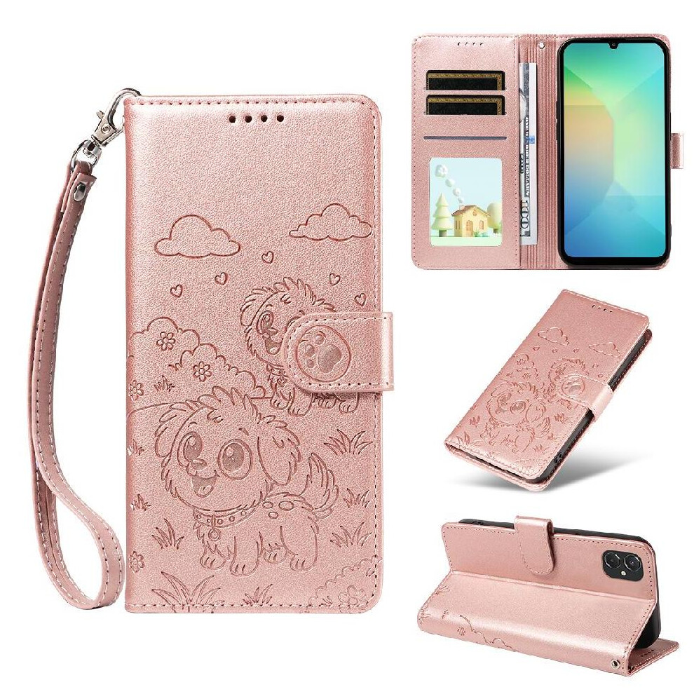 (Pink) Case For Samsung Galaxy M06 5G Card Slot Holders Dog Embossed Wrist Strap Pocket Leather Pink 764563071364