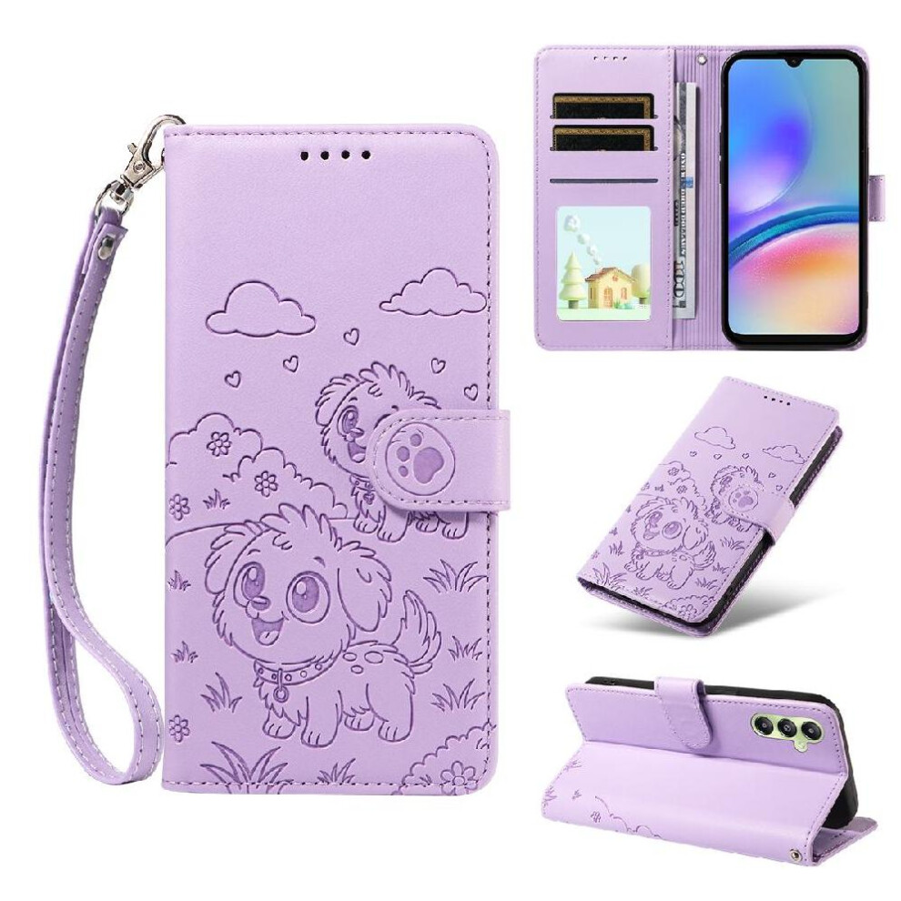(Purple) Case For Samsung Galaxy A05s Leather Card Slot Holders Pocket Dog Embossed Wrist Strap Purple 764563071500