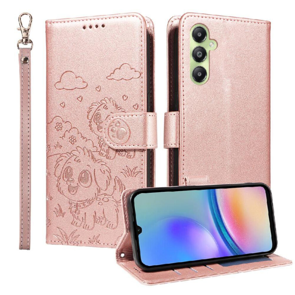(Pink) Case For Samsung Galaxy A05s Leather Card Slot Holders Pocket Dog Embossed Wrist Strap Pink 764563071517