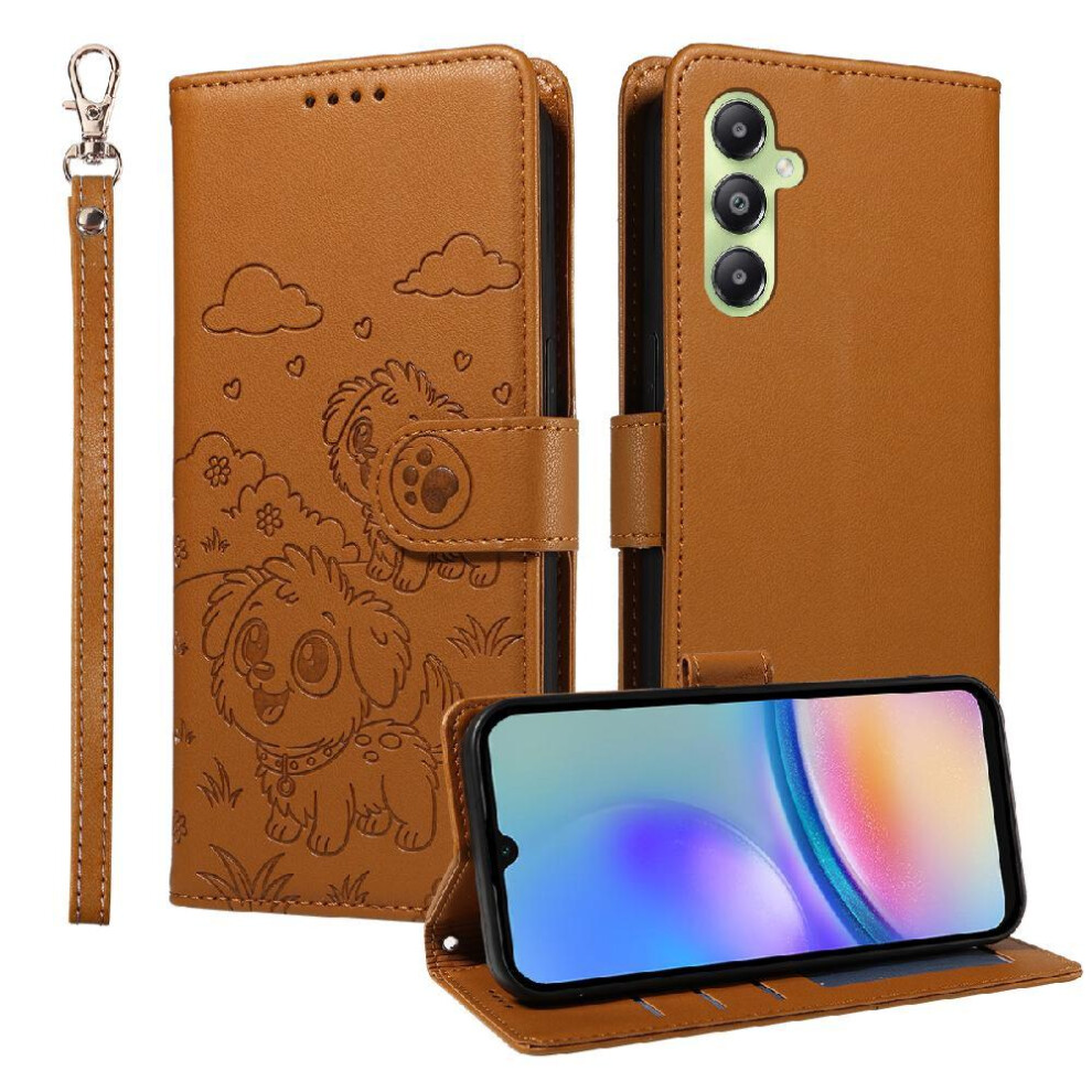 (Brown) Case For Samsung Galaxy A05s Leather Card Slot Holders Pocket Dog Embossed Wrist Strap Brown 764563071531