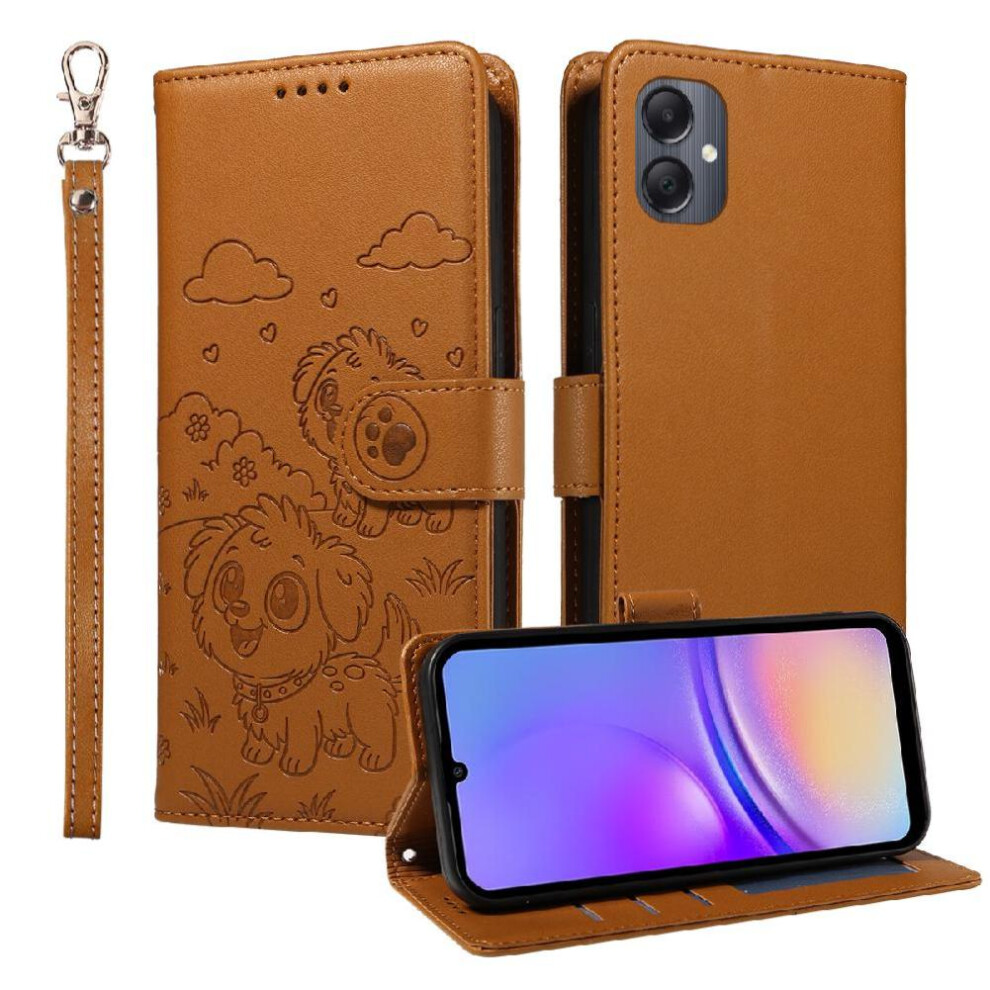 (Brown) Case For Samsung Galaxy A05 Pocket Dog Embossed Card Slot Holders Wrist Strap Leather Brown 764563071586