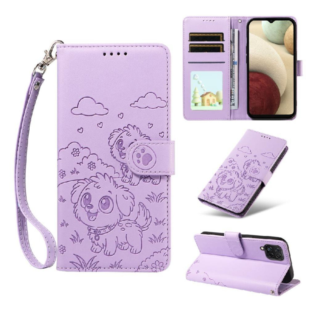 Photos - Case   for Samsung Galaxy A12/m12 Pocket Leather Wrist Strap Card Slot Holders Dog Embossed(Purple)
